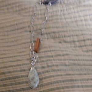 Silver Chain Necklace with Teardrop Blue-Green Pendant